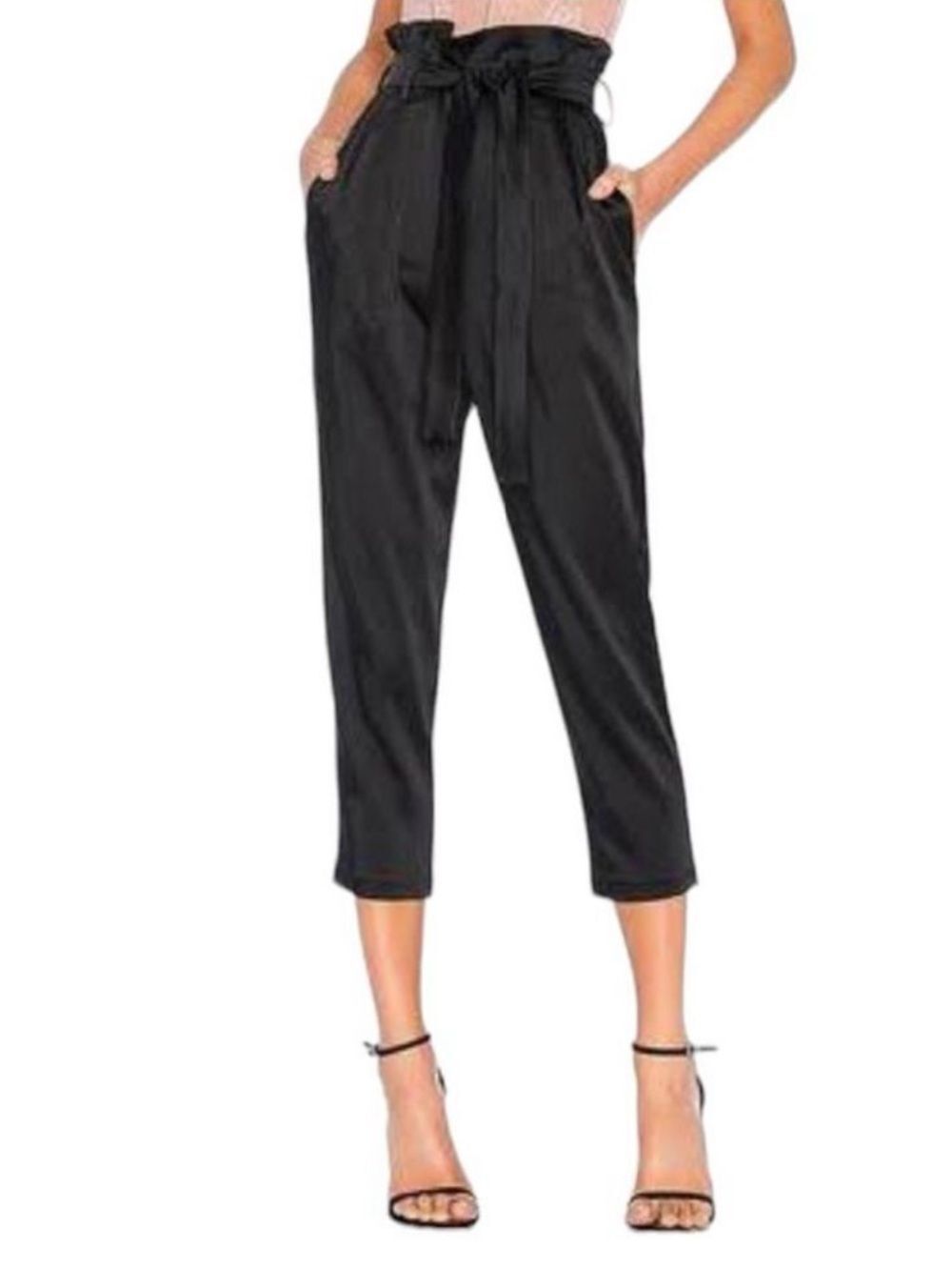 Bagatelle S Black Paper Bag Crepe High Wast Belted Crop Pants